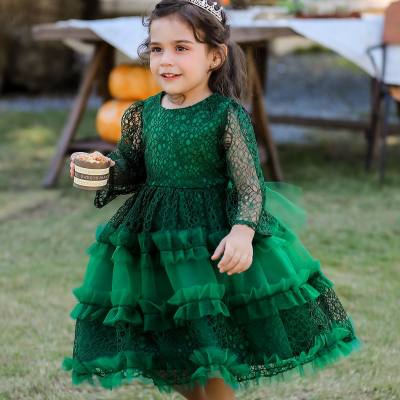 Toddler Girl Solid Color Lace Spliced Ruffle Long Sleeve Tutu Dress