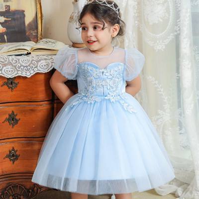 Toddler Embroidered Mesh Bowknot Decor Puff Sleeve Dress