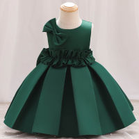 Girls solid color pleated bow princess evening performance christening dress  Green