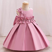 Girls solid color pleated bow princess evening performance christening dress  Pink