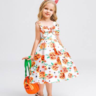 Vestido infantil Halloween decote quadrado sem manga com bolsa