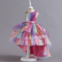 Kids Girls Sweet Elegant Bowknot Mesh Catwalk Gradient Sequin Trail Tutu Skirt  Multicolor