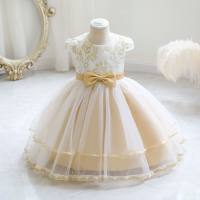 Baby Color-block Bowknot Decor  Lace Mesh Short Sleeve Dress  White
