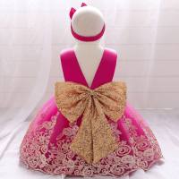 Toddler Girls Floral Sweet Bow Party Daily Formal Dress & Headband Formal Dress  Hot Pink