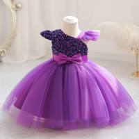 Girls Birthday Sequined Mesh Princess Dress Performance Bowknot Host Dress  Purple