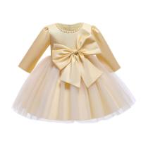 Baby Girl Solid Color Mesh Patchwork Bowknot Decor Long Sleeve Dress  Champagne