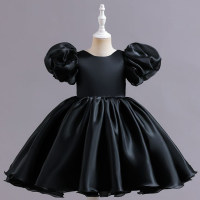 Girls solid color puff sleeve princess dress children's performance fluffy mesh dress  Black