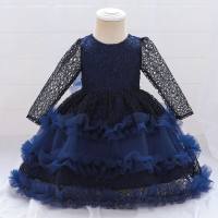 Toddler Girl Solid Color Lace Spliced Ruffle Long Sleeve Tutu Dress  Navy Blue