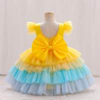 Toddler Girls Bowknot Patchwork Mesh Color-block  Formal Dress  Yellow