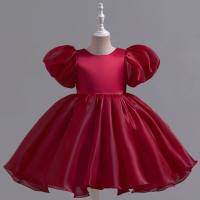 Girls solid color puff sleeve princess dress children's performance fluffy mesh dress  Burgundy