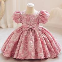Toddler Girl Solid Color U-neck Bowknot Decor Short Puff Sleeve Dress  Multicolor