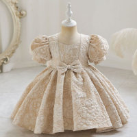 Toddler Girl Solid Color U-neck Bowknot Decor Short Puff Sleeve Dress  Champagne