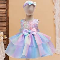 Girls sleeveless gradient puffy bow dress birthday performance dress + headband (gradient style is dyed first and then cut, the gradient color of bulk cutting is not uniform)  multicolor