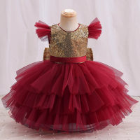فستان منتفخ شبكي عصري للفتيات الصغيرات لعيد الميلاد، فستان بعقدة على شكل فيونكة  اللون العنابي