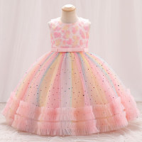 Girls color matching embroidered star sequin princess dress birthday dinner performance dress (the upper body is embroidered bulk goods cutting embroidery position is not uniform)  Pink