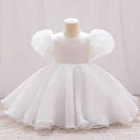 فستان الأميرة للفتيات بأكمام منتفخة بلون سادة وأداء شبكي منفوش للأطفال  أبيض