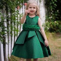 Kids Girls Bowknot  Mesh Patchwork Decorative Beads Catwalk  Princess Dress  Deep Green