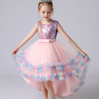 Kid Girl Gradient Color Sequin Decor Mesh Patchwork Sleeveless Dress  Pink