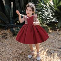 Kleinkind-Mädchen-Baumwollparty-Color-Block-Bogen-formales Kleid  Burgund