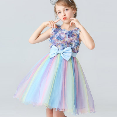 Vestido sin mangas de patchwork de malla de color degradado con decoración de lazo para niña pequeña