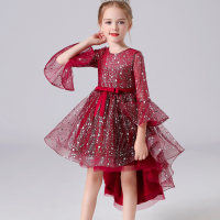 Kids Girls Bowknot Star Mesh Catwalk Trailing Dress  Red