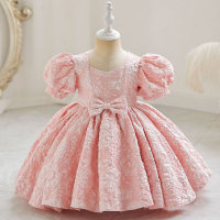 Toddler Girl Solid Color U-neck Bowknot Decor Short Puff Sleeve Dress  Pink