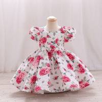 Girls printed puff sleeve one-year-old princess dress party dinner performance dress (the printed dress is printed first and then cut, so the bulk print has irregular patterns)  White