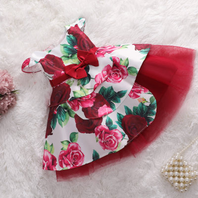 فستان رسمي شبكي مطبوع نمط زهري مزين بفيونكة للفتيات