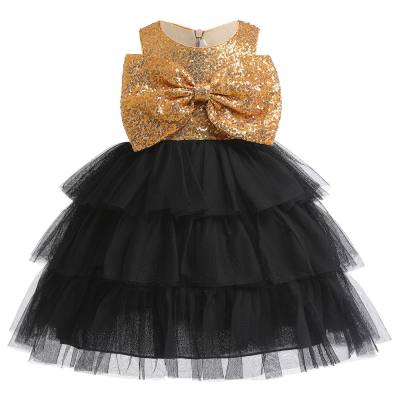 Kid Girl Color-block Sequin Bowknot Decor Mesh Patchwork Sleeveless Tutu Dress