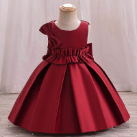 Girls solid color pleated bow princess evening performance christening dress  Burgundy