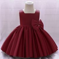 Toddler Girl Solid Color Bowknot Decor Sleeveless Dress  Burgundy