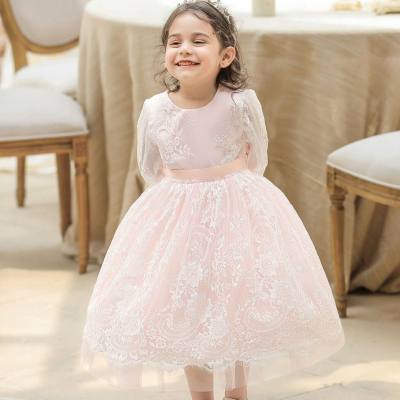 Toddler Solid Color Floral Embroidered Mesh Long Sleeve Dress
