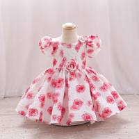 Girls printed puff sleeve one-year-old princess dress party dinner performance dress (the printed dress is printed first and then cut, so the bulk print has irregular patterns)  Pink