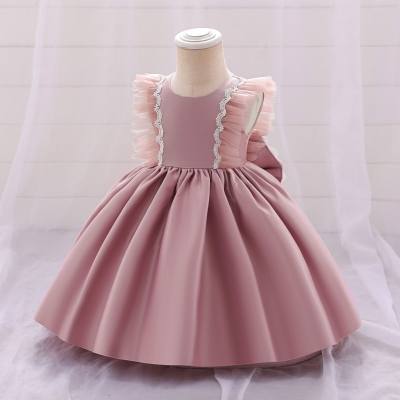 Baby Girl Solid Color Lace Bow-knot Decor Mesh Sleeveless Dress