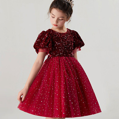 Kid Girl Solid Color Allover Sequin Decor Mesh Patchwork Short Sleeve Dress