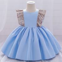 Toddler Girls Cotton Party Color-block Bow Formal Dress  Light Blue