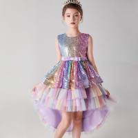 Kids Girls Sweet Elegant Bowknot Mesh Catwalk Gradient Sequin Trail Tutu Skirt  Purple