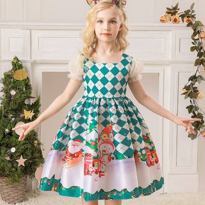 Toddler Girl Christmas Pattern Color-block A-lined Party Dress with Puff Sleeves