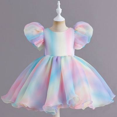 Girls gradient puff sleeve princess dress children's performance fluffy mesh dress (colorful gradient large goods cutting color is not uniform)