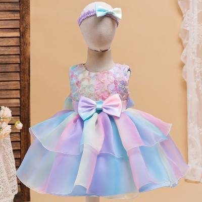 Girls sleeveless gradient puffy bow dress birthday performance dress + headband (gradient style is dyed first and then cut, the gradient color of bulk cutting is not uniform)