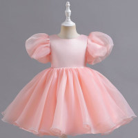 Girls solid color puff sleeve princess dress children's performance fluffy mesh dress  Pink