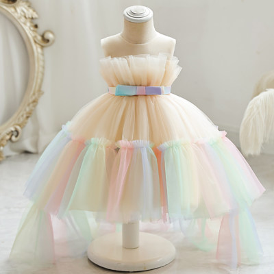 Girls colorful trailing puffy princess dress dinner performance host dress + hairband (skirt length is front skirt length)