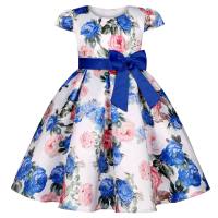 Kid Girl Rose Print Bowknot Decor Cape Sleeves Dress  Blue