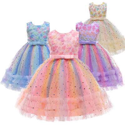 Vestido formal com flores tridimensionais para menina arco-íris