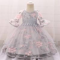 Baby Girl Floral Lace Spliced Mesh Patchwork Flare Sleeve Princess Dress  Gray