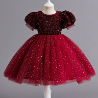 Kid Girl Solid Color Allover Sequin Decor Mesh Patchwork Short Sleeve Dress  Burgundy