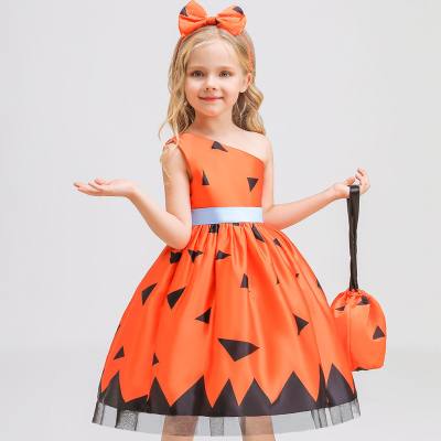 Vestido de manga diagonal con hombro abierto de Halloween para niños con bolso y sombrero