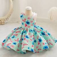 Girls color matching printed princess dress children's wedding catwalk dress for one-year-olds (the printed dress is printed first and then cut, so the bulk print has irregular patterns)  Green