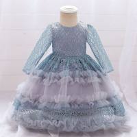 Toddler Girl Solid Color Lace Spliced Ruffle Long Sleeve Tutu Dress  Gray