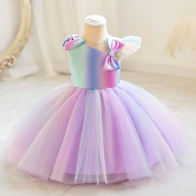 Toddler Girl Gradient Color Mesh Patchwork Bowknot Decor Sleeveless Dress